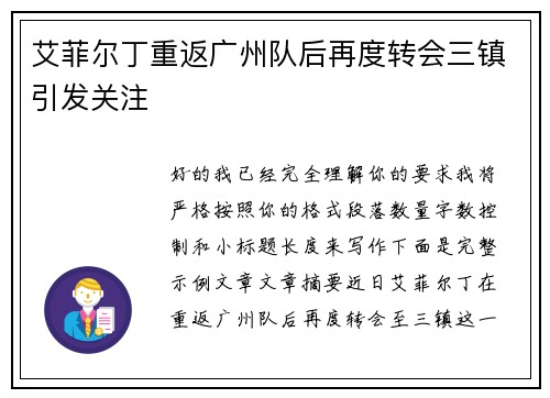 艾菲尔丁重返广州队后再度转会三镇引发关注 艾菲尔丁重返广州队后再度转会三镇引发关注