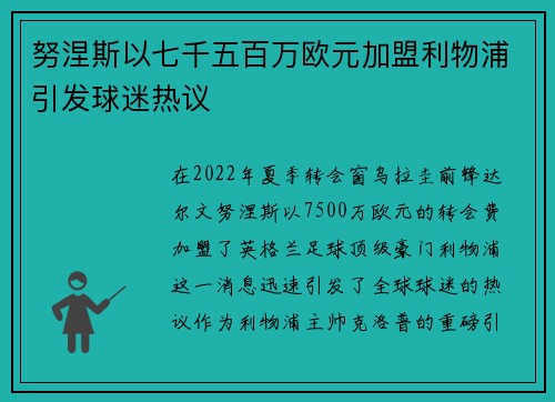 努涅斯以七千五百万欧元加盟利物浦引发球迷热议 努涅斯以七千五百万欧元加盟利物浦引发球迷热议